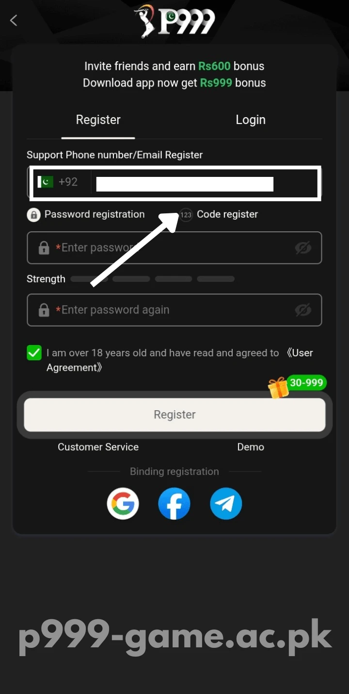 Enter your phone number to register on P999 Game