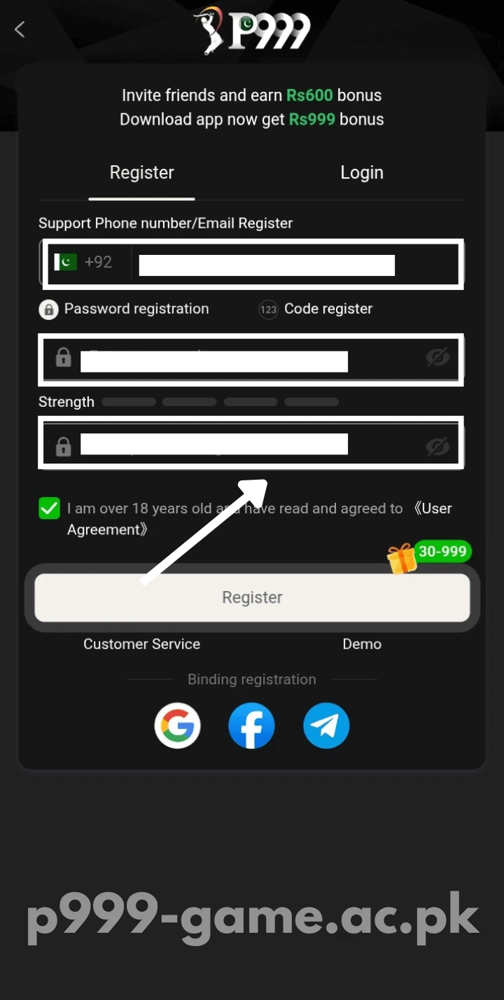 Set a strong password to register on P999 Game