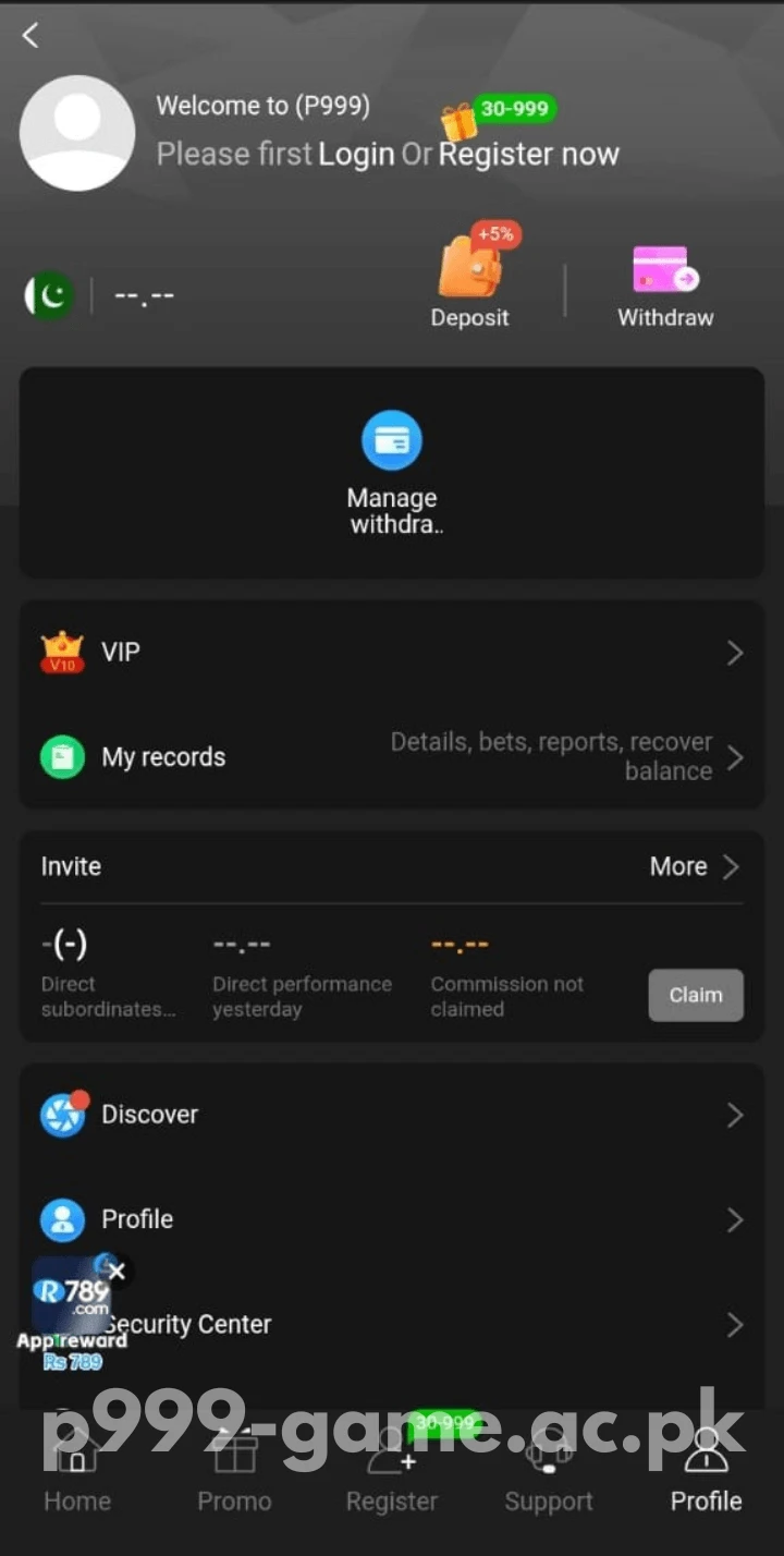 P999 Game profile screen