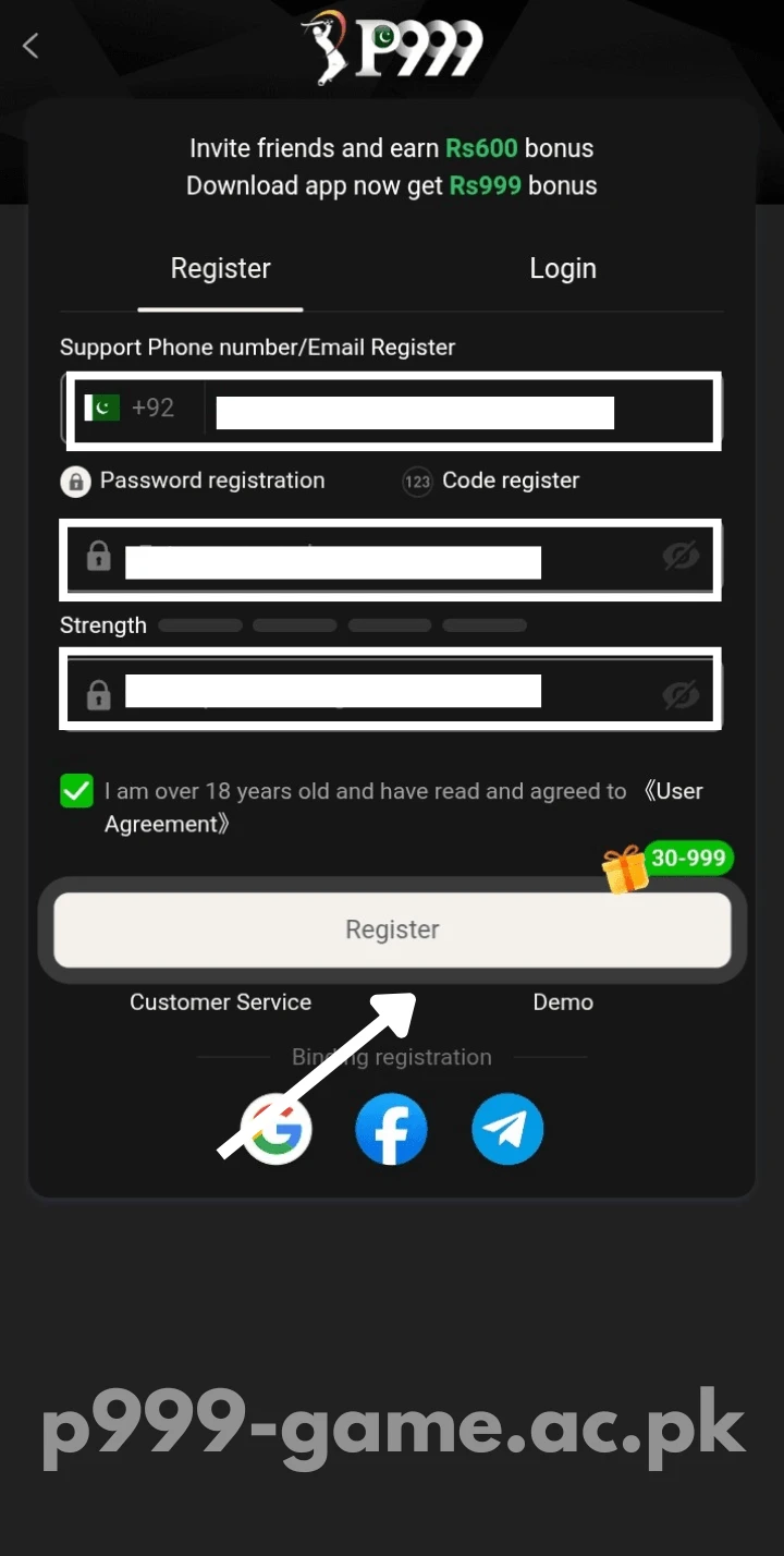 Press the Register button on P999 Game